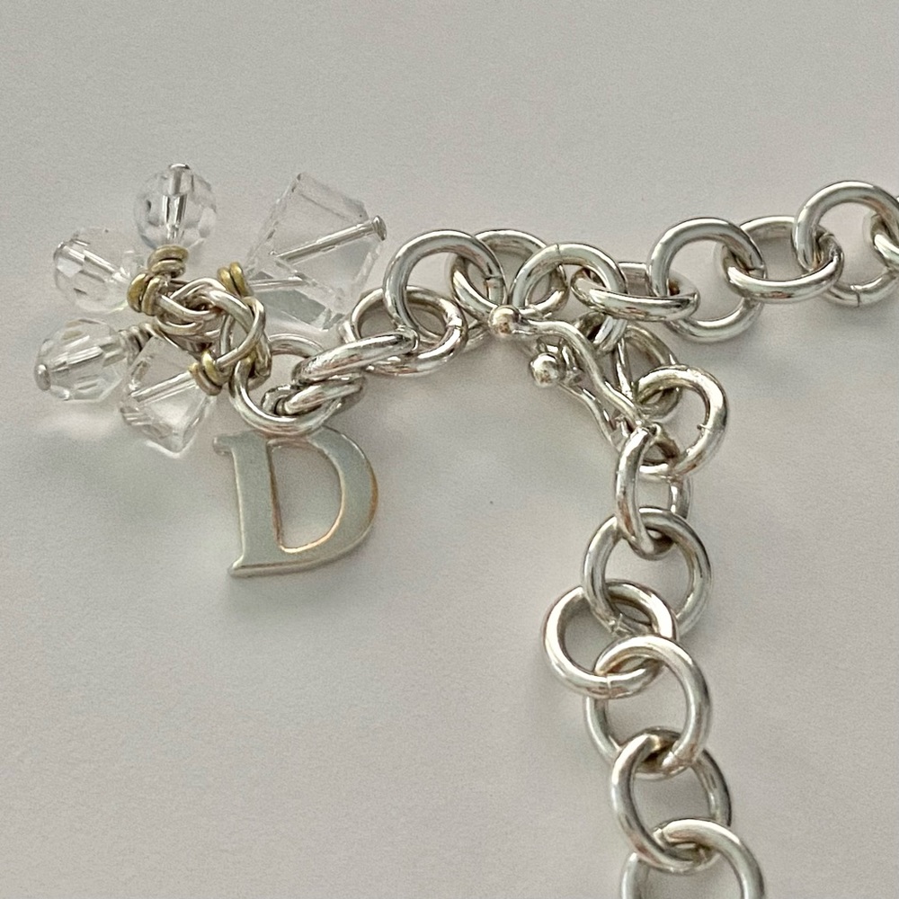 AUTH VTG Christian Dior Silver Chain Link Crystal Bead Heart Lock Charm Bracelet - Picture 8 of 13
